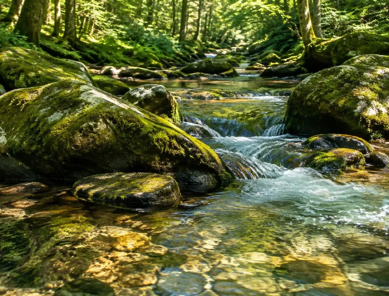 A clear forest stream flowing over mossy stones
