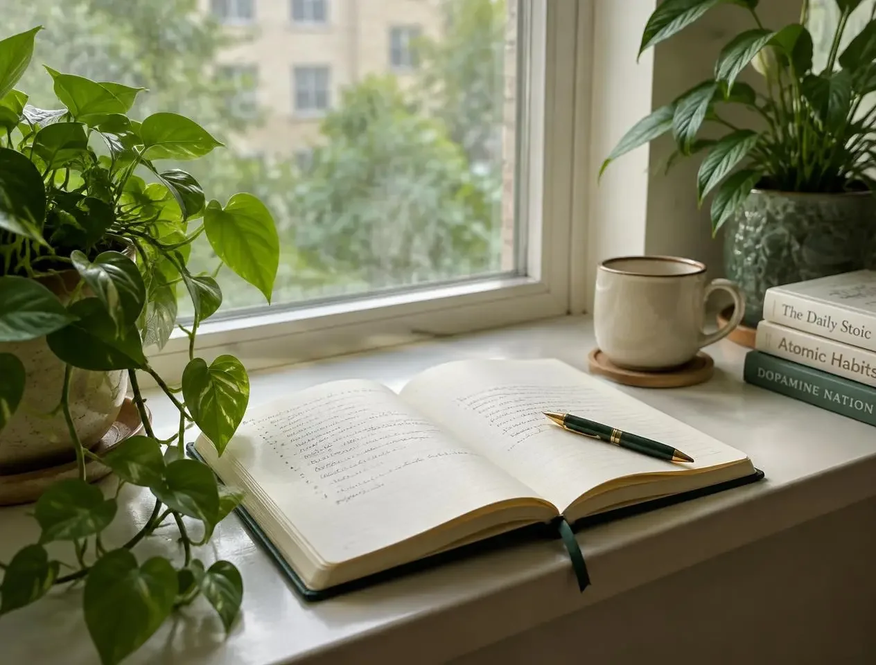 An open notebook on a windowsill beside green plants