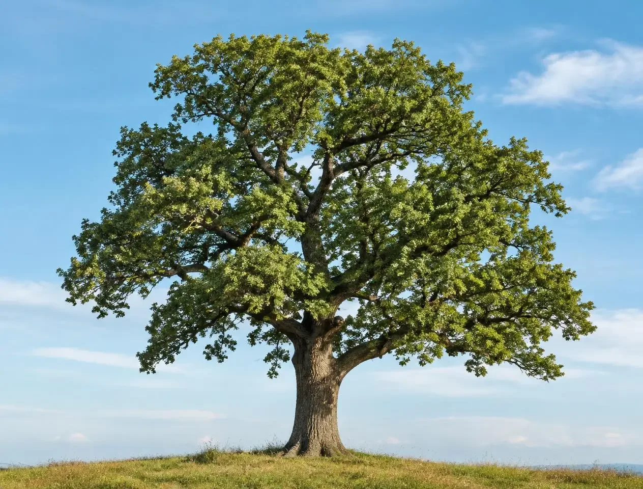 A tall oak tree standing against a blue sky