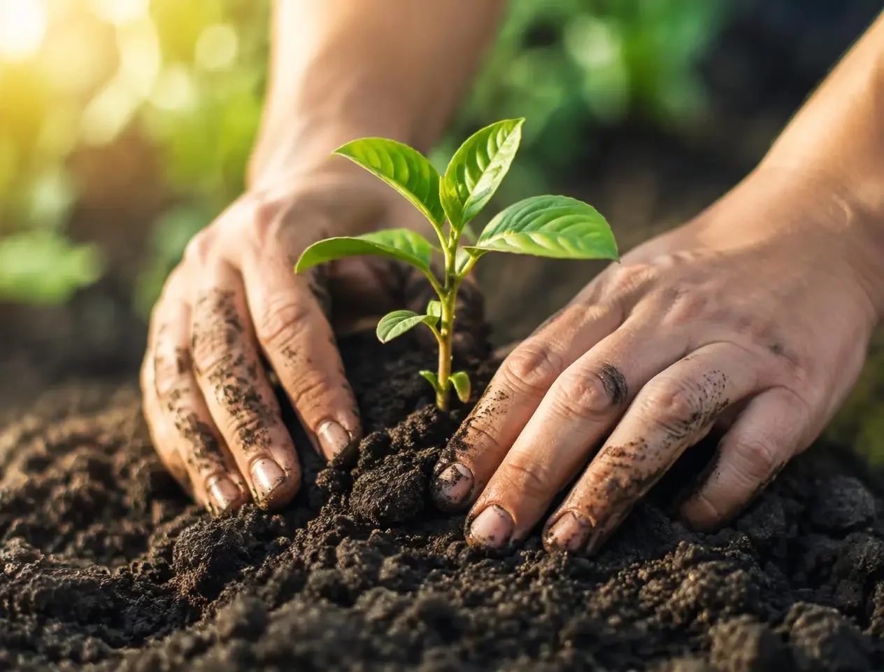Hands planting a green seedling in dark soil