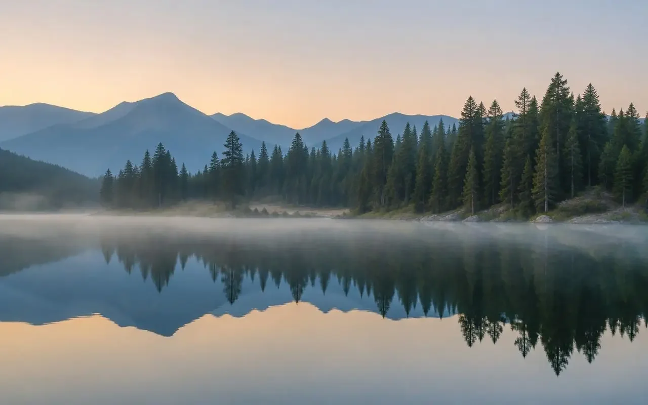 Calm lake with a forest reflected in still water