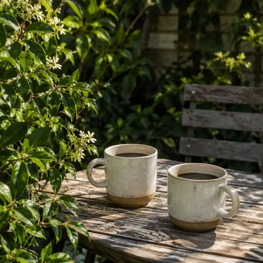 Two coffee cups on a garden table