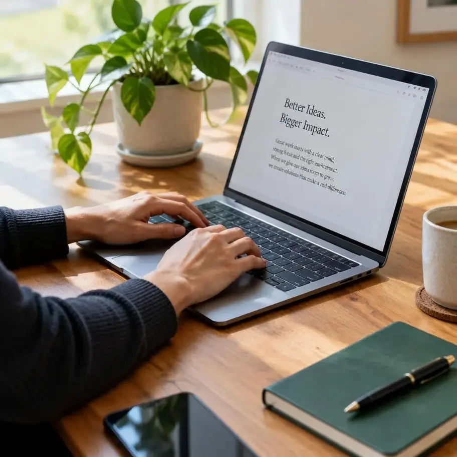 Hands at a laptop on an organized desk with a plant