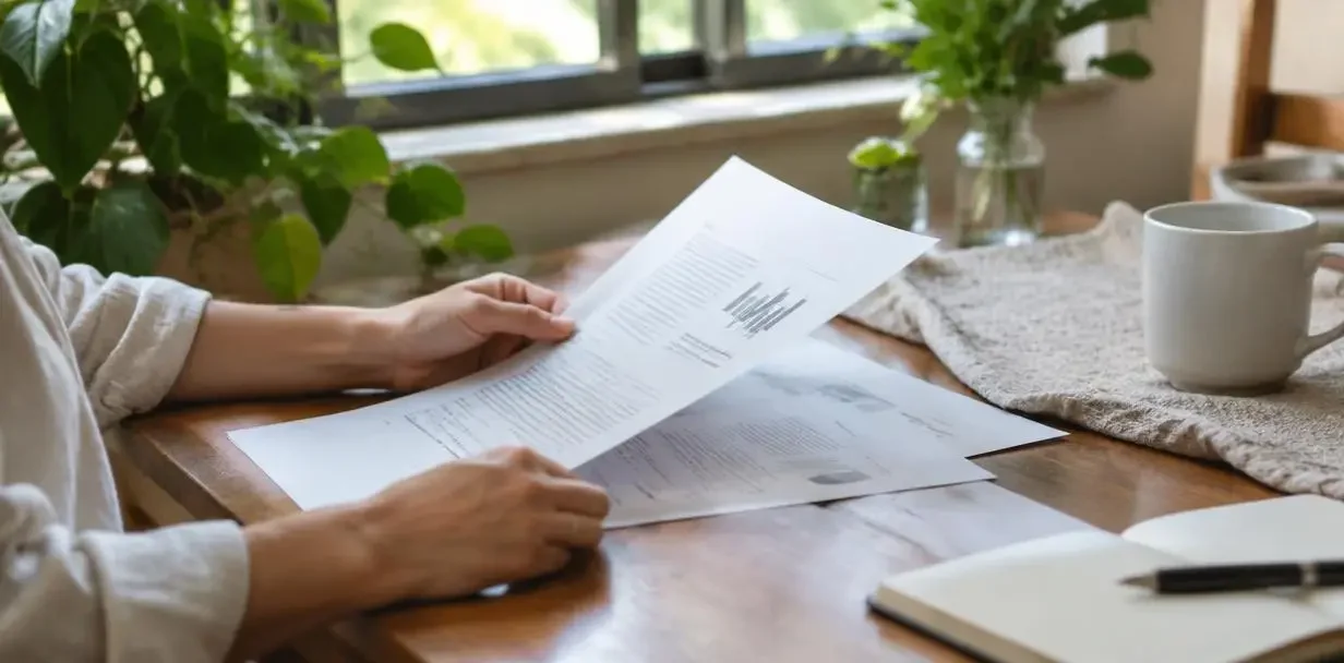 Hands reviewing documents on a wooden table by a window with plants