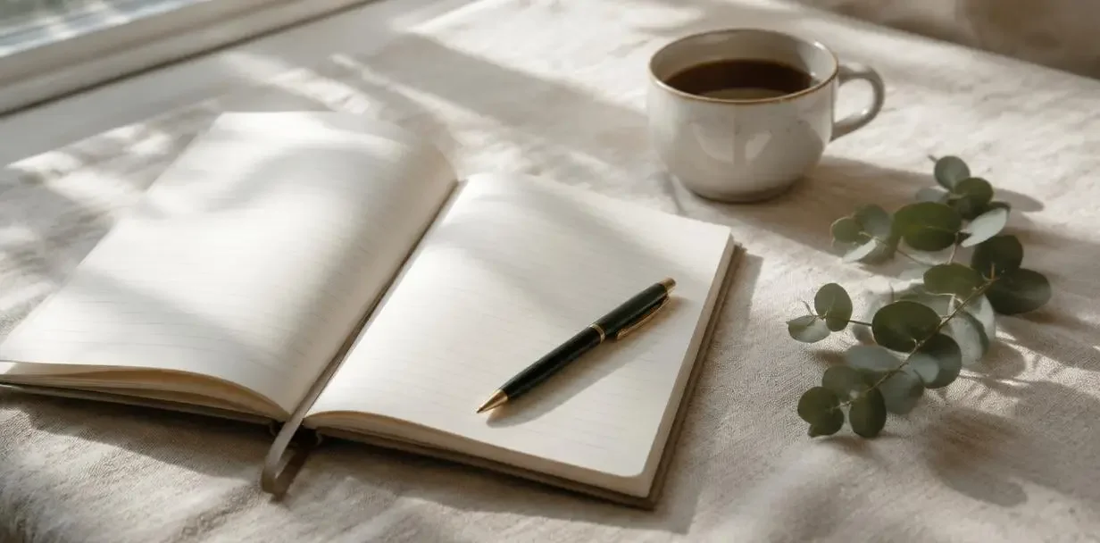 An open notebook and pen beside a cup and a eucalyptus sprig